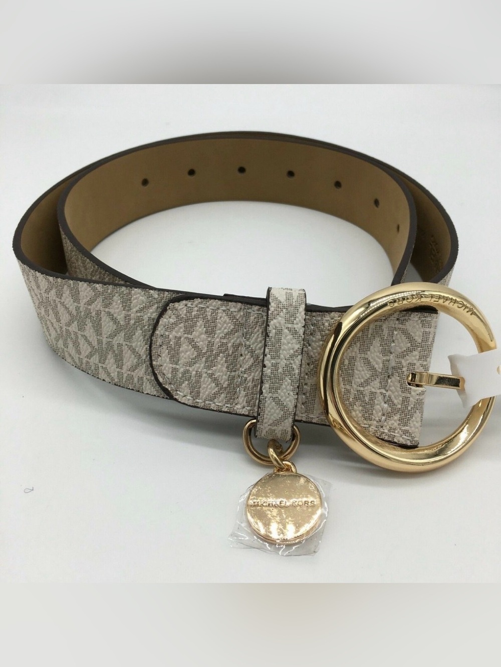Michael Kors Beige Logo-Print Leather Belt with Gold Hoop Buckle